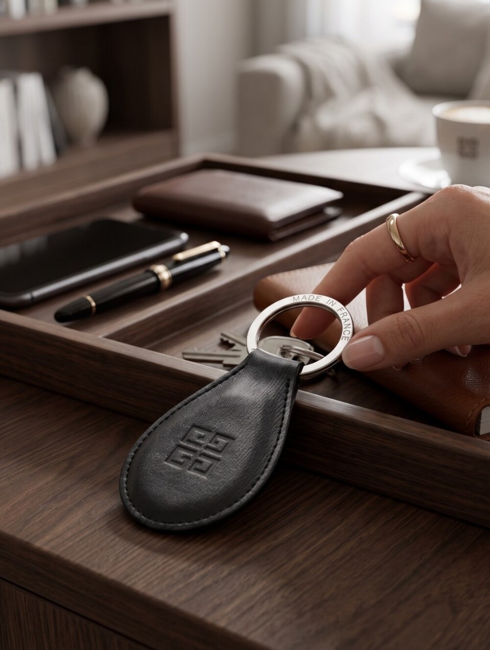 Givenchy Black Leather Teardrop Key Holder with Silver Ring